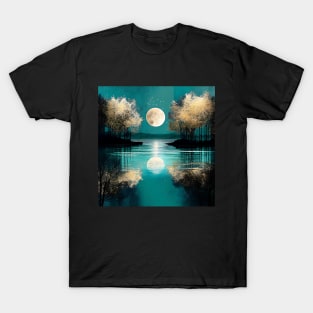 Teal Blue Serene Lake Reflections Full Moon Metallic T-Shirt